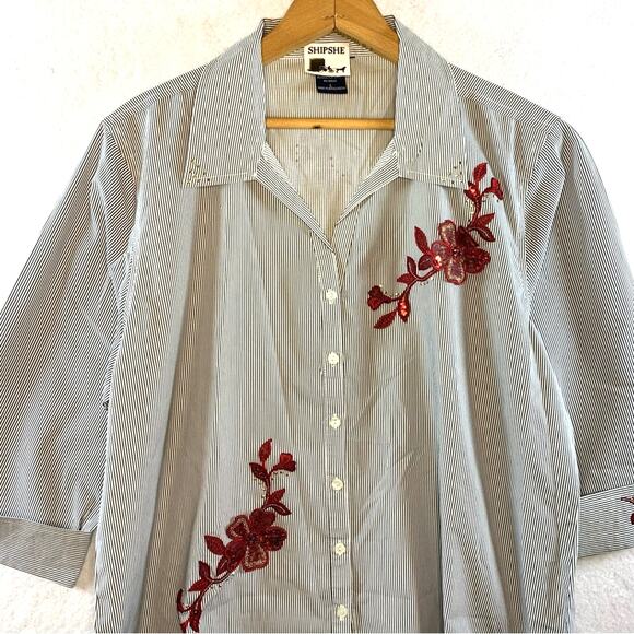 Shipshe Womens Striped Button Top Sz L Western Artsy 3D Floral Applique‎ - Picture 2 of 14